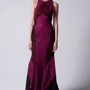 J.Mendel Magenta Brown Blk Lace Patchwork Vogue Runway Dress Sz 6 Black Tie Prom